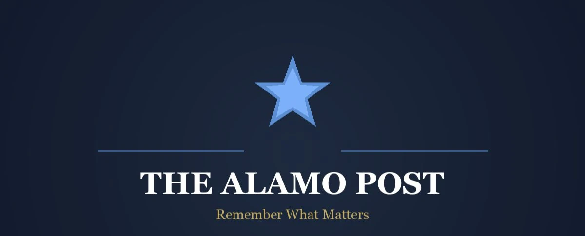 The Alamo Post editorial masthead with a blue star and white serif lettering on navy.