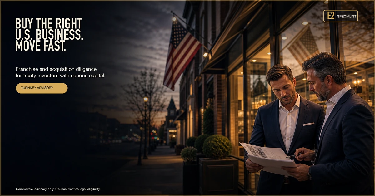 E2 Specialist acquisition campaign artwork with a business-advisory headline, AI-assisted commercial scene and legal-eligibility qualifier.