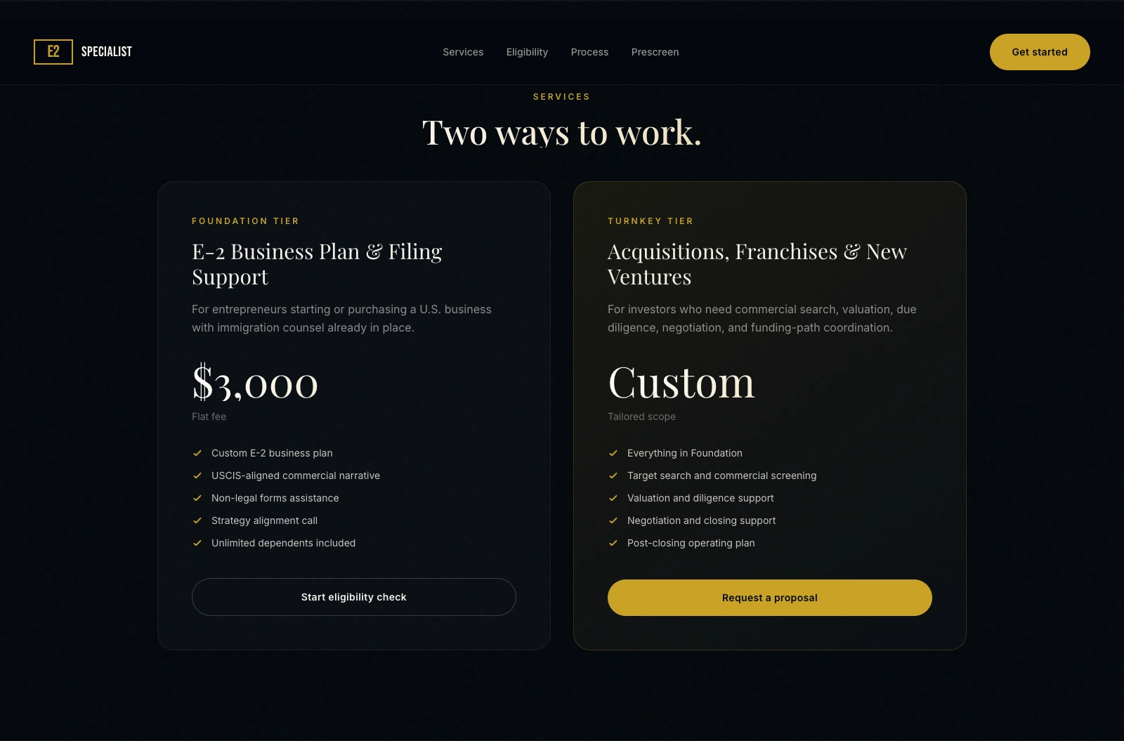 Actual E2 Specialist public website Foundation and Turnkey service section