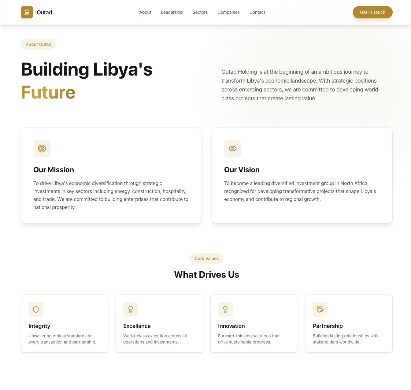 Outad Holding corporate website About section with gold accents and mission, vision and values layouts.