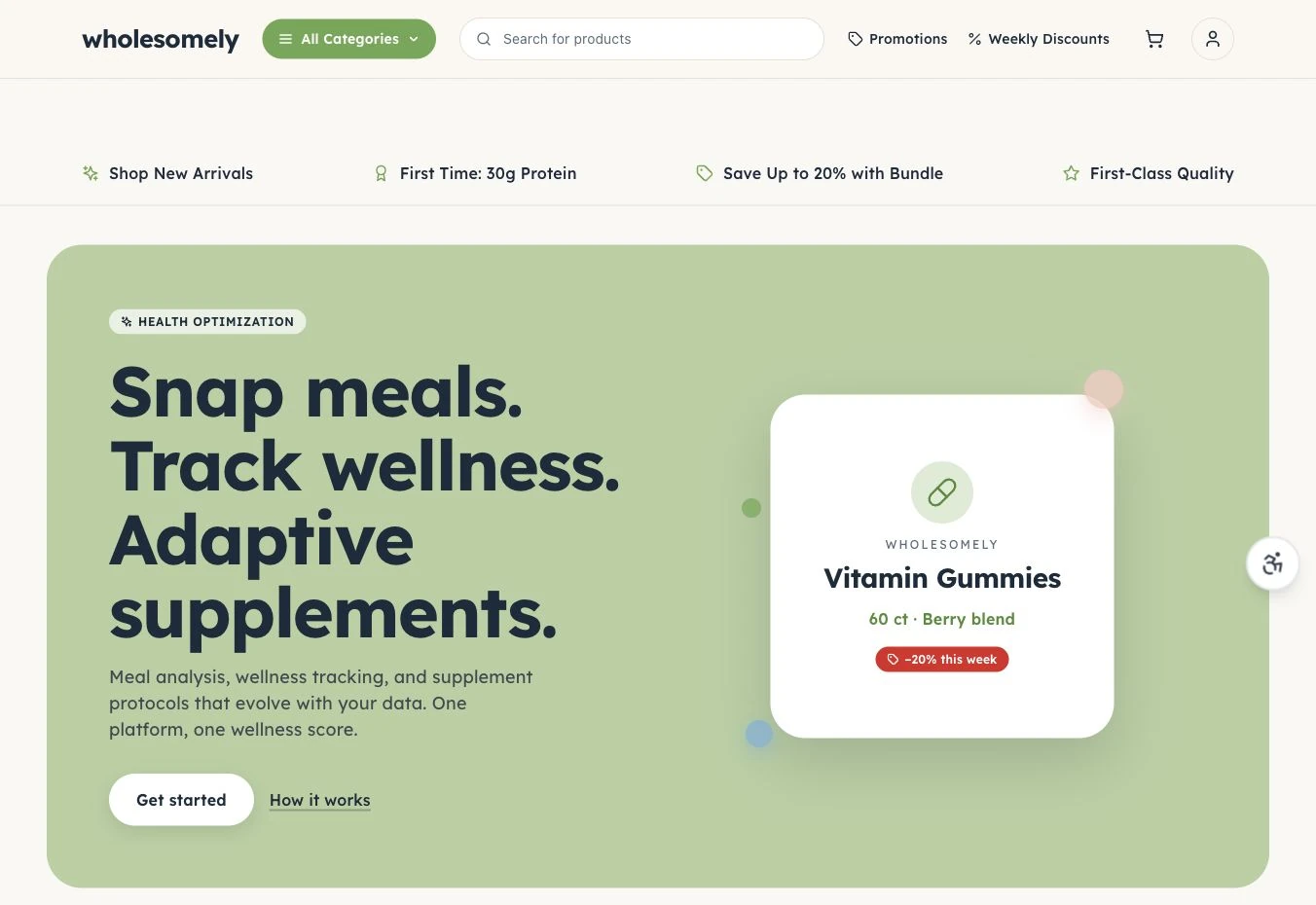 Wholesomely website design study with sage hero, retail navigation and a typographic product illustration.